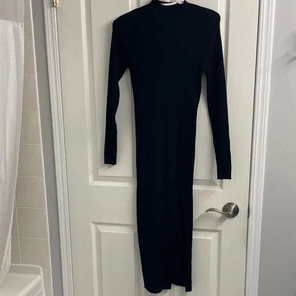 Wilfred Classic Black Knit Long Sleeve Dress Mock Neck High Thigh Slit Sz M - Picture 5 of 15